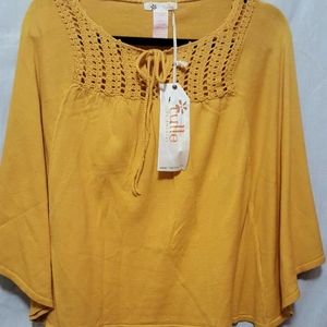 Tulle mustard gold crochet crop poncho sweater new